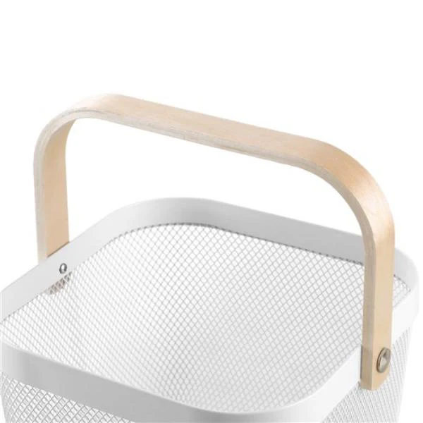 Birch Wood Handle White Mesh Storage Basket - 25cm x 25cm x 17cm - Image 4