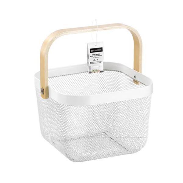 Birch Wood Handle White Mesh Storage Basket - 25cm x 25cm x 17cm - Image 6