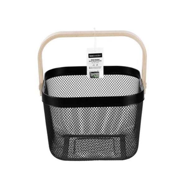 Birch Wood Handle Mesh Storage Basket - 25cm x 25cm x 17cm - Image 3