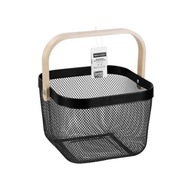 Birch Wood Handle Mesh Storage Basket - 25cm x 25cm x 17cm - Image 6