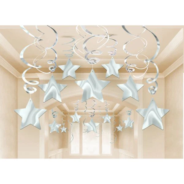 30 Pack Silver Shooting Stars Swirl Decorations