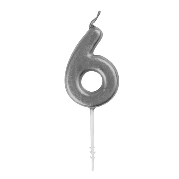 Mini Silver Numeral 6 Pick Candle - 8cm - Image 2