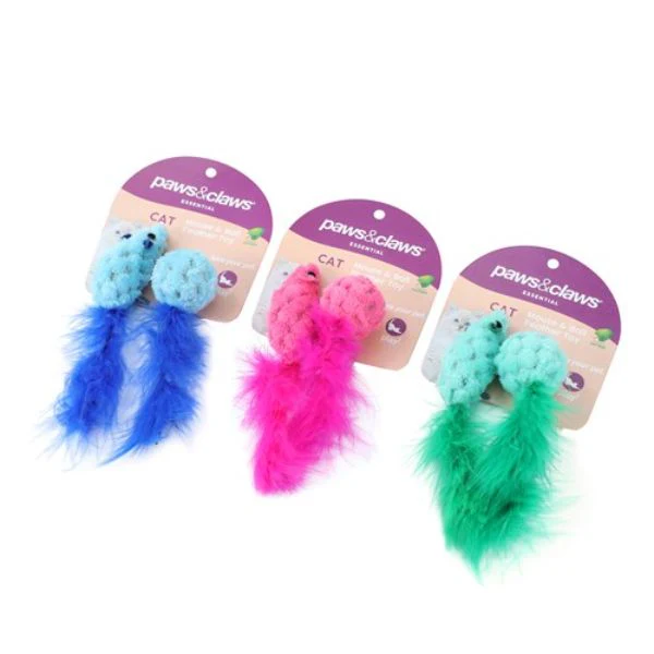 2 Pack Mouse & Ball Feather Cat Toy - 15cm