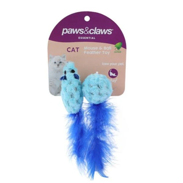 2 Pack Mouse & Ball Feather Cat Toy - 15cm - Image 2