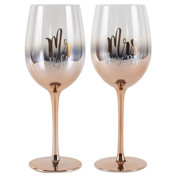 2 Pack Rose Gold Mr Right & Mrs Always Right Ombre Wine Glasses - 430ml