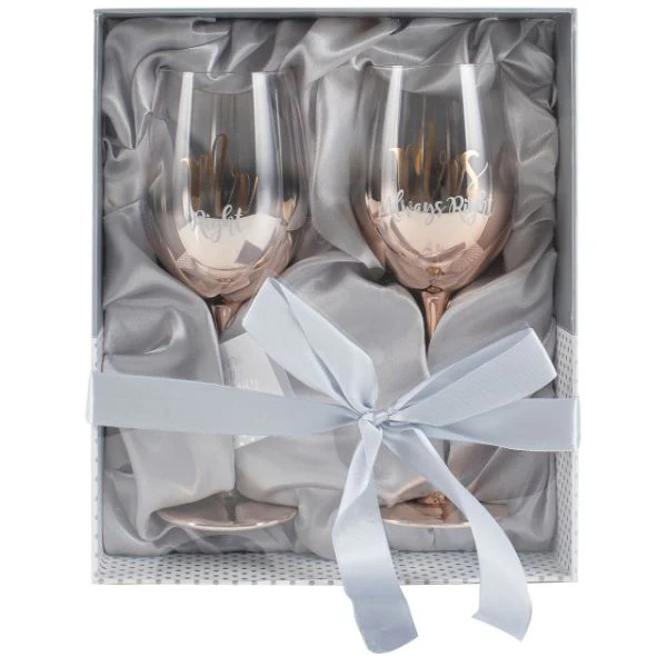 2 Pack Rose Gold Mr Right & Mrs Always Right Ombre Wine Glasses - 430ml - Image 2
