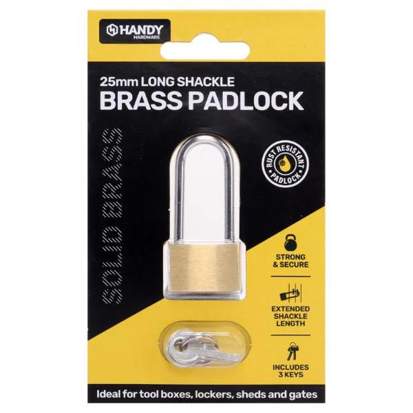 Solid Brass Long Shackle Padlock With 3 Keys - 2.5cm