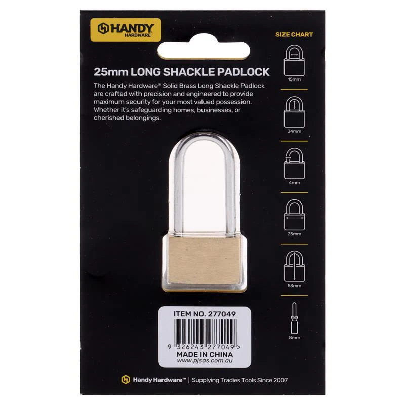 Solid Brass Long Shackle Padlock With 3 Keys - 2.5cm - Image 3