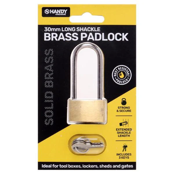 Solid Brass Long Shackle Padlock With 3 Keys - 3cm
