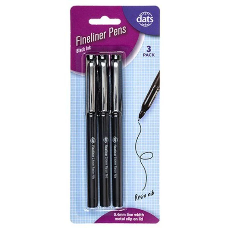 3 Pack Black Fineliner Pens with Metal Clip
