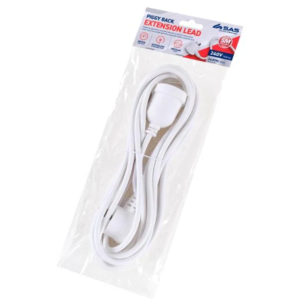 White 240V 10A Max Load 240W Piggy Back Extension Lead - 5m - Image 3