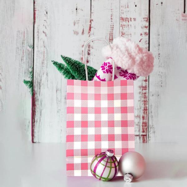10 Pack Pink Gingham Paper Bag - 15cm x 8cm x 21cm - Image 3