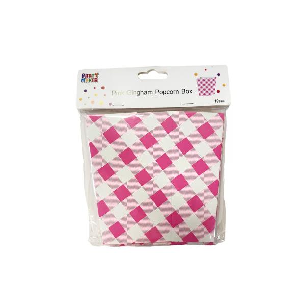 10 Pack Pink Gingham Popcorn Box - 10cm x 6cm x 15cm - Image 4