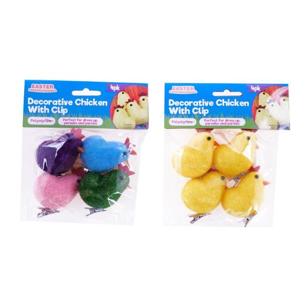 4 Pack Polystyrene Fabric Chickens With Clip - 5cm x 3.5cm - Image 3