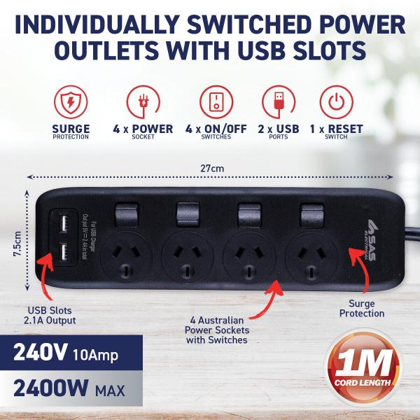 3 Pack 2 USB Ports Surge Protected 4 Outlet Switch Powerboard - Image 2