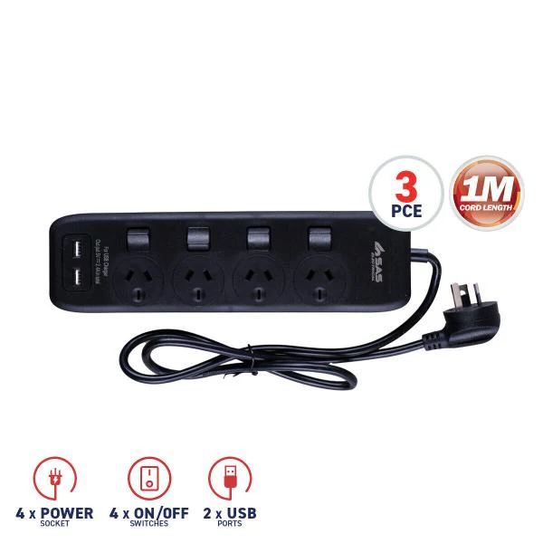 3 Pack 2 USB Ports Surge Protected 4 Outlet Switch Powerboard - Image 5