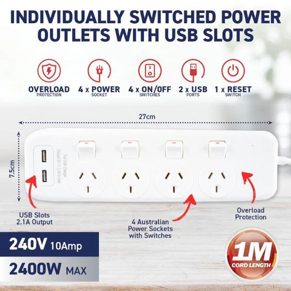 White 240V 10A Max Load 2400W Power Board With 2 USB Ports - 1m - Image 4