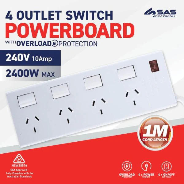 White 240V 10A Max Load 2400W 4 Outlets With Individual Swith & Overload Protection Power Board - 1m - Image 4