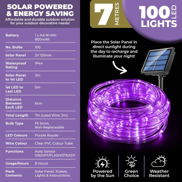 Purple Royale Led Solar Rope Light - 700cm - Image 2