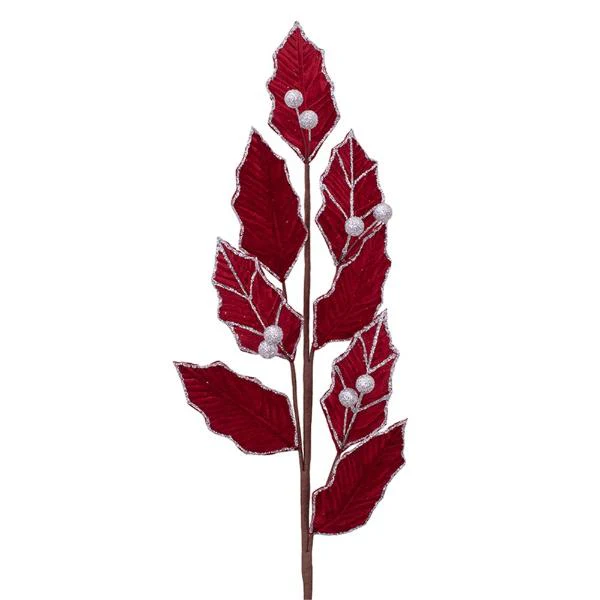 Red & Glitter Holly Leaf Stem - 75cm