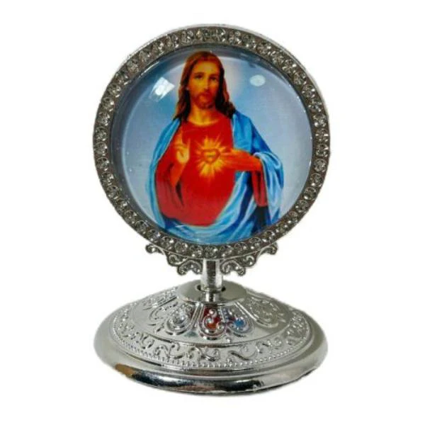 Small Round Metal Religious The Sacred Heart Table Top Decor - 4.8cm x 4.8cm x 6.5cm