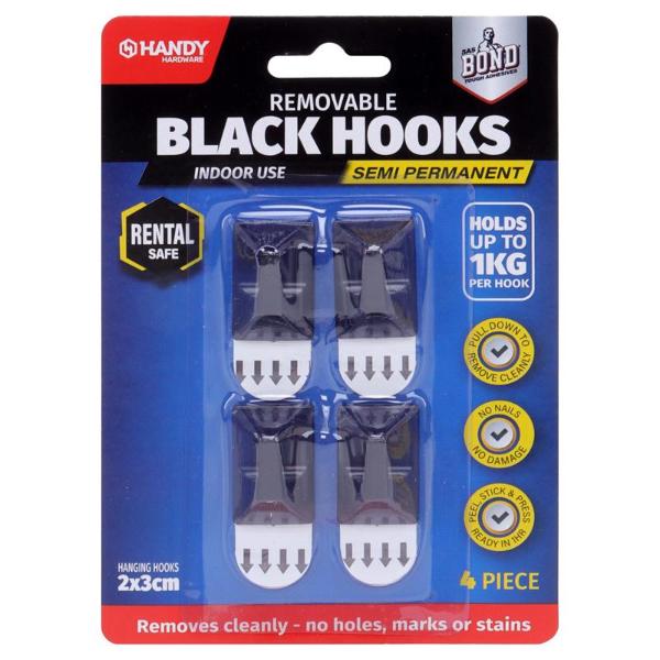 4 Pack Black Plastic Removable Hooks - 3cm x 2cm