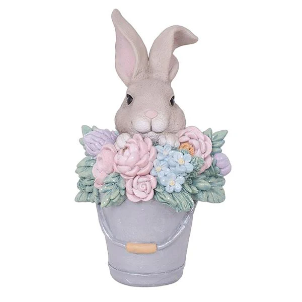 Resin Bunny In Pail With Flowers - 12.3cm x 11.2cm x 21.5cm