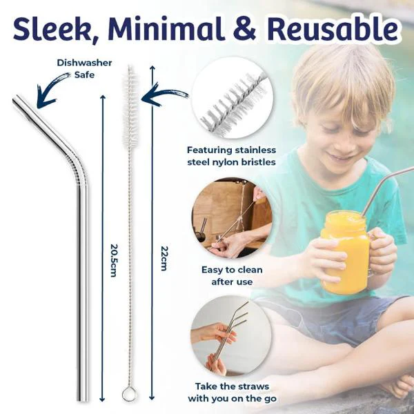 5 Pack Reusable Stainless Steel Curved Head Straws With Cleaning Brush - 20.5cm x 0.6cm - Image 2