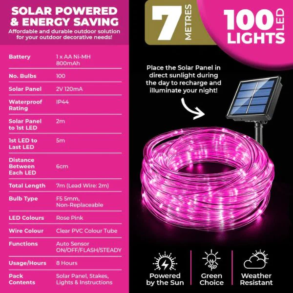 Rose Pink Led Solar Rope Light - 700cm - Image 2