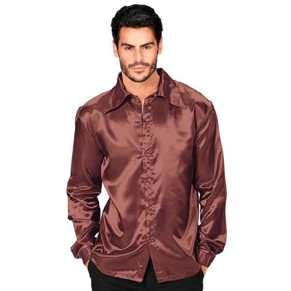 Satin Brown 70s Disco Shirt - Medium - Image 2