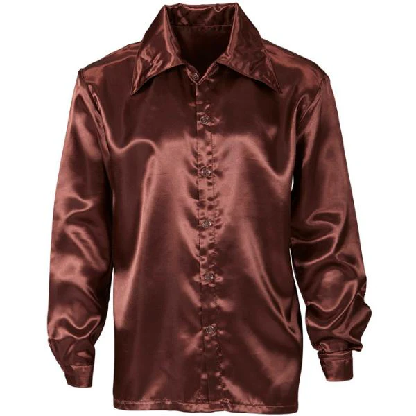Satin Brown 70s Disco Shirt - Medium - Image 3