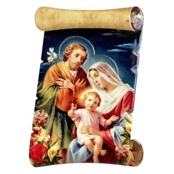Ceramic Scroll Shape Religious Standing Plaque With Holy Family - 15cm x 20cm