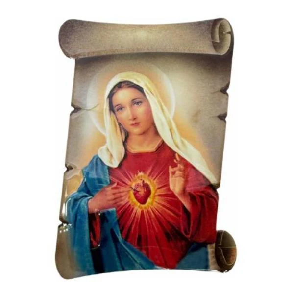 Ceramic Scroll Shape Religious Standing Plaque With Immaculate Heart Of Mary - 15cm x 20cm