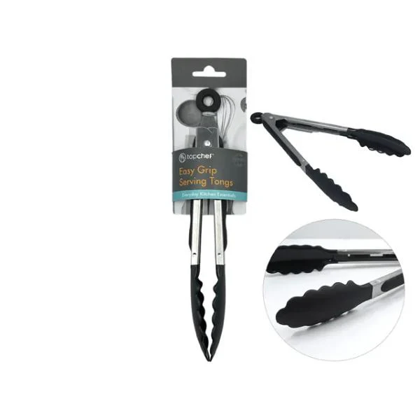 Stainless Steel Black Silicone Serving Tongs - 23cm x 3.5cm
