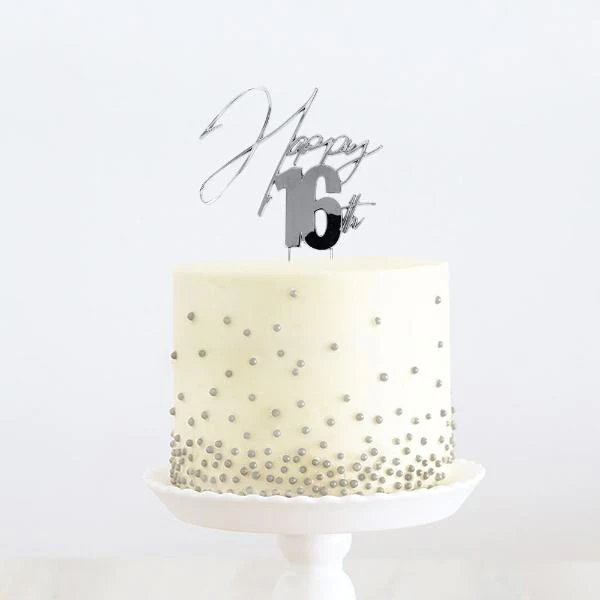Silver Metal Happy 16th Cake Topper