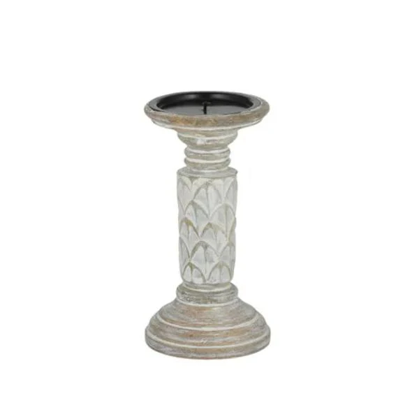 White Sirena Wood Candle Holder - 10.5cm x 20cm