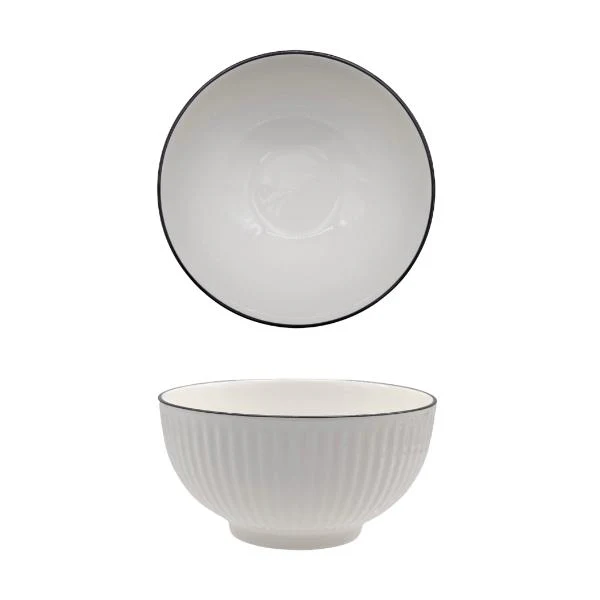 Sorrento Porcelain Embossed Rice Bowl With Black Rim - 16.5cm