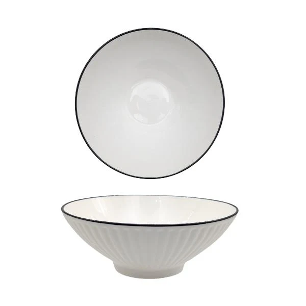 Sorrento Porcelain Embossed Rice Bowl With Black Rim - 20.32cm