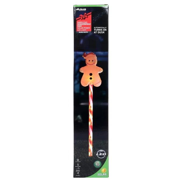 Warm White 2 Functions Gingerbread Man With Candy Striped Pole 5 Led Solar Light Stake - 9cm x 14cm x 51cm