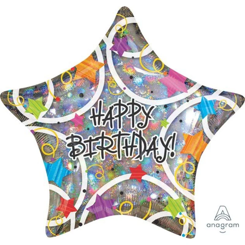 Standard Holographic Star Happy Birthday Foil Balloon - 45cm