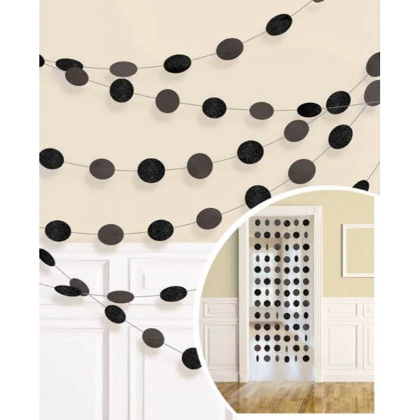 6 Pack Jet Black Round Glitter String Decorations - 210cm