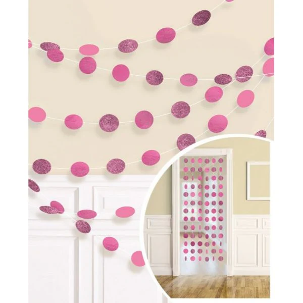 6 Pack Bright Pink Round Glitter String Decorations - 210cm