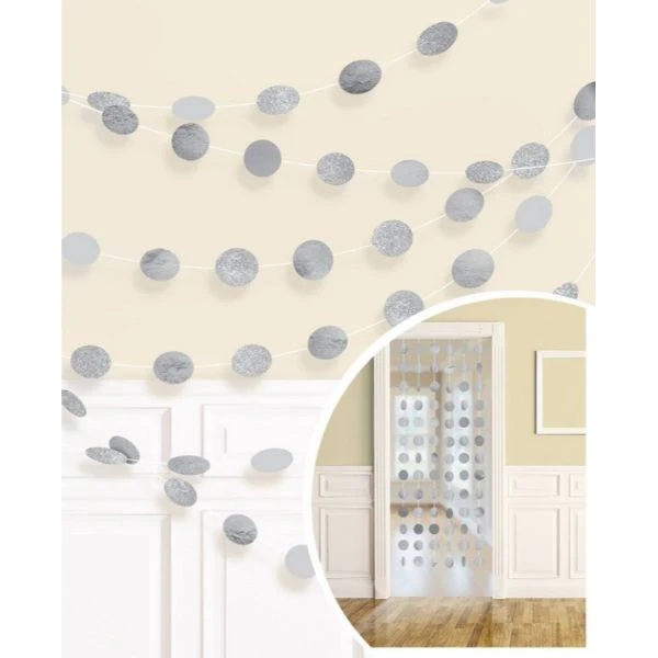 6 Pack Silver Round Glitter String Decorations - 210cm