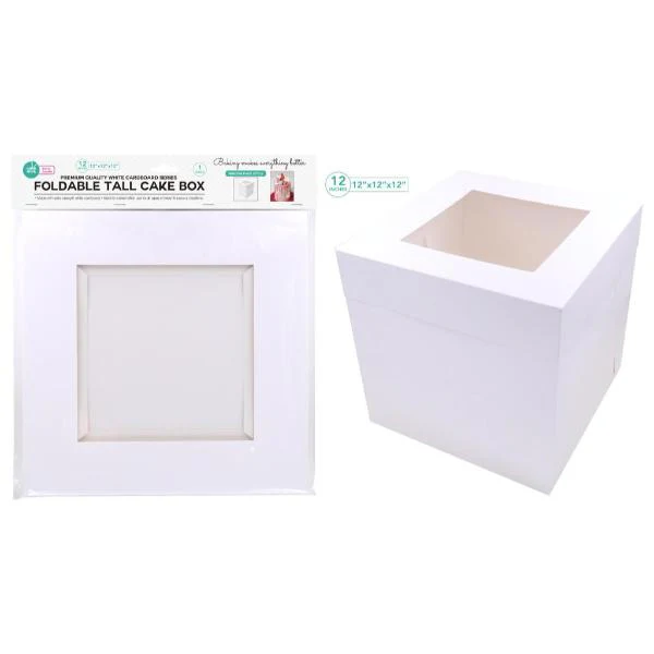 White Tall Cardboard Foldable Cake Box With Window - 30cm x 30cm x 30cm