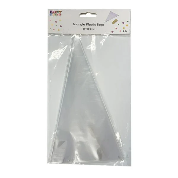 25 Pack Triangle Plastic Bags with Gold Tie - 13cm x 25cm