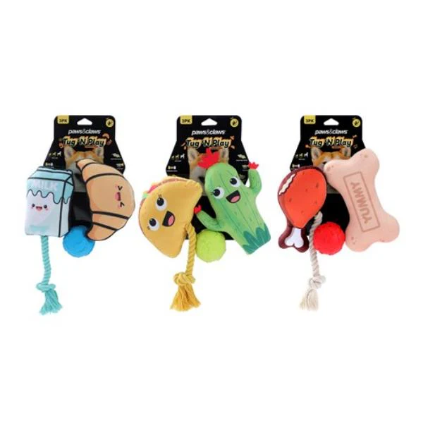 3 Pack Tug N Play Plush Pet Toy - 17cm x 11cm x 5cm