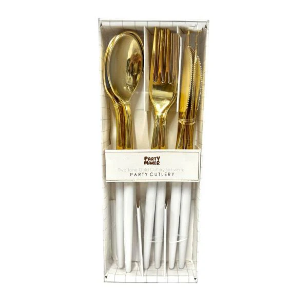 12 Pack Two Tone White & Gold Cutlery Set