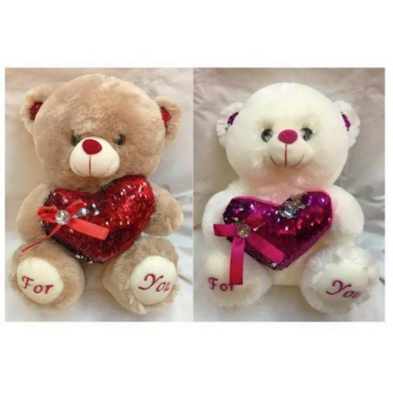 PLUSH BEAR W/SEQUINS HEART 2COLS 28CM