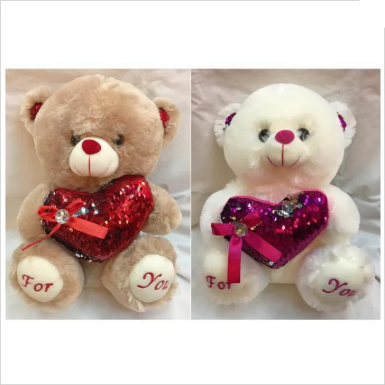 PLUSH BEAR W/SEQUINS HEART 2COLS 28CM - Image 2