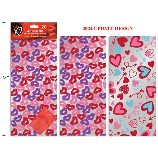 Vtine Cello Candy Bags 20pk 28x12.7cm 20 Twist Ties 2 Asst